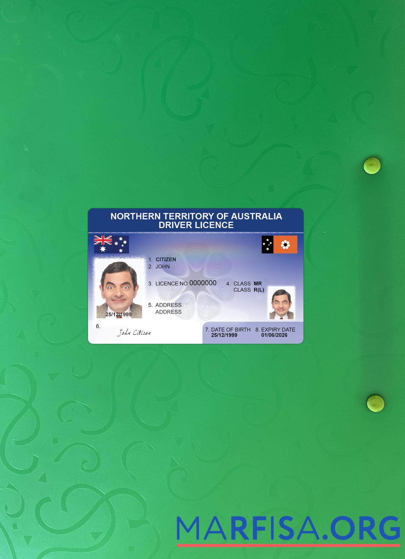 Blank Australia Northern Territory driving license photolook download for verification